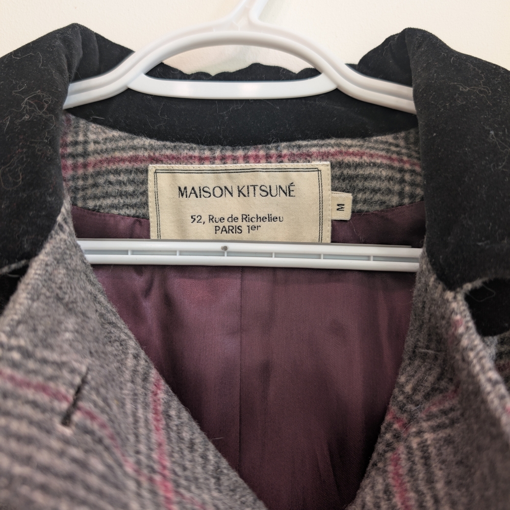 MAISON KITSUNE Gray and Black Plaid Pea Coat - Picture 3 of 5